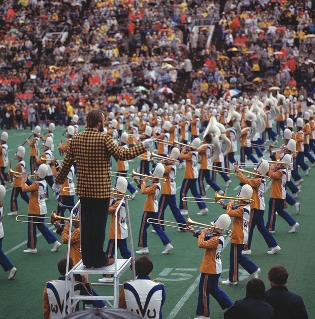 marching band in the 1970s on football field